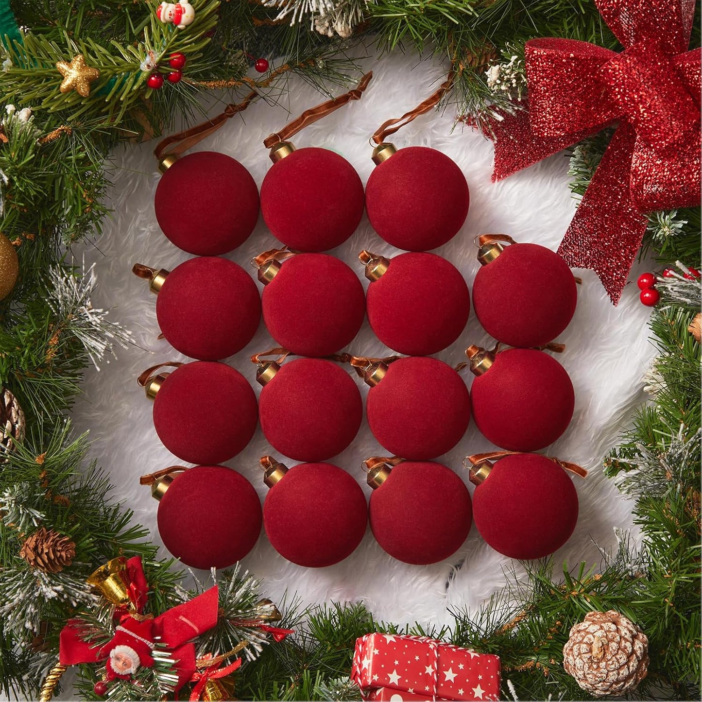 15pcs Velvet Christmas Tree Ornaments, 3.15" Flocked Balls